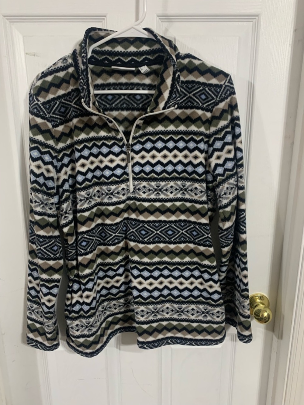 Denim&Co Olive, Navy & Cream Geometric Half-Zip Sweater